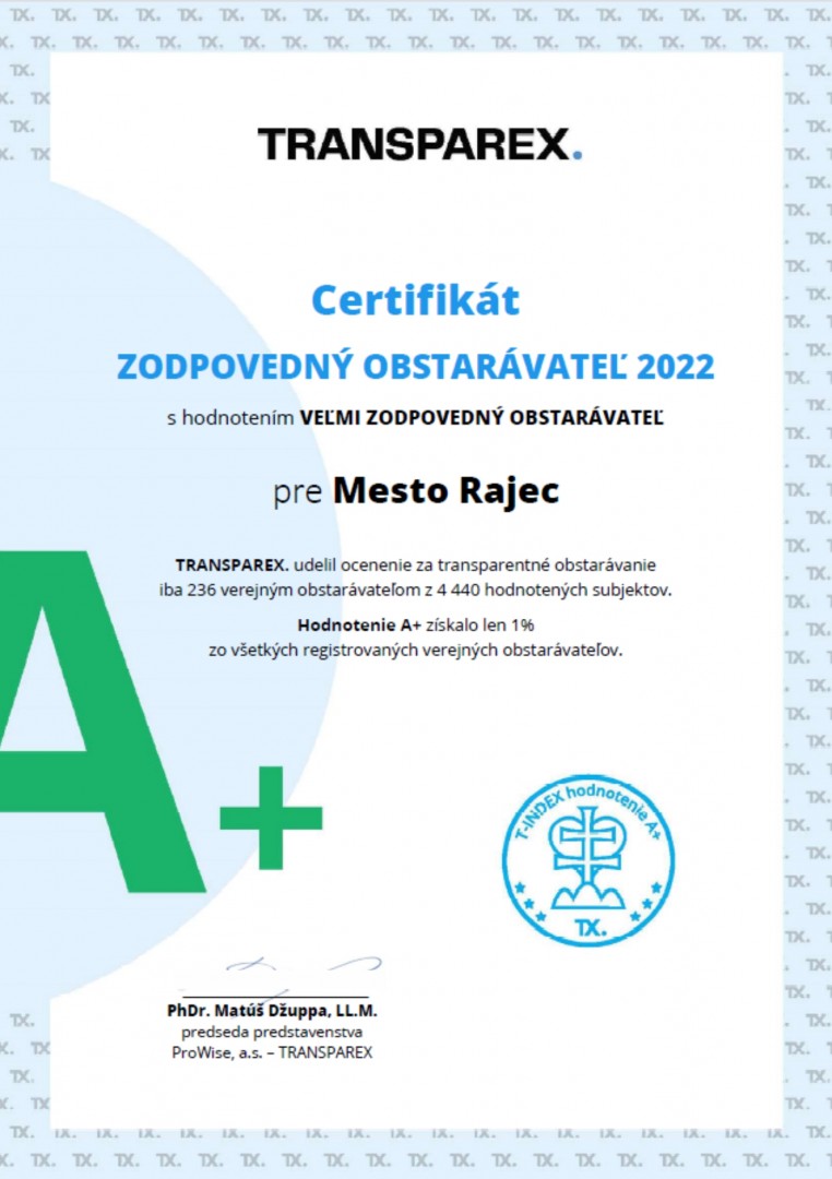 Certifikát pre Mesto Rajec - Zodpovedný obstarávateľ A+ (JPG)