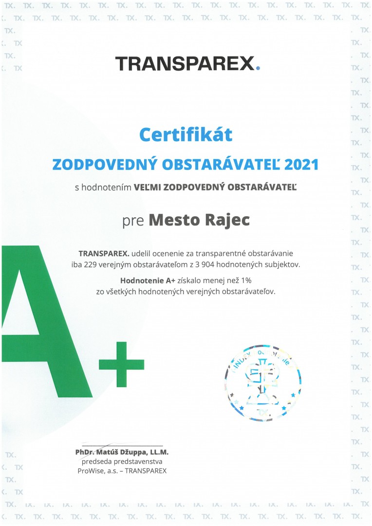 Certifikát pre Mesto Rajec - Zodpovedný obstarávateľ A+ (JPG)
